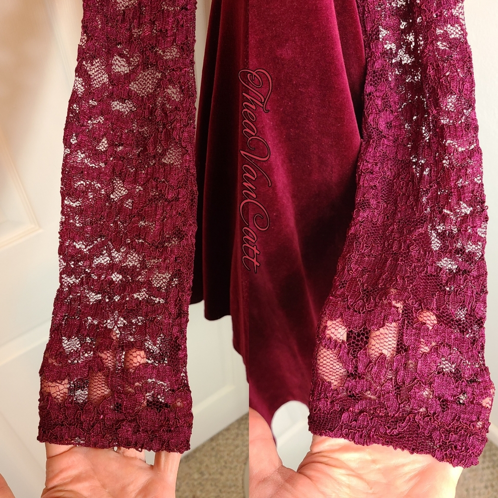 90s Betsey Johnson LUXE lace sleeves burgundy wine red VELVET mini dress / tunic - Picture 5 of 9